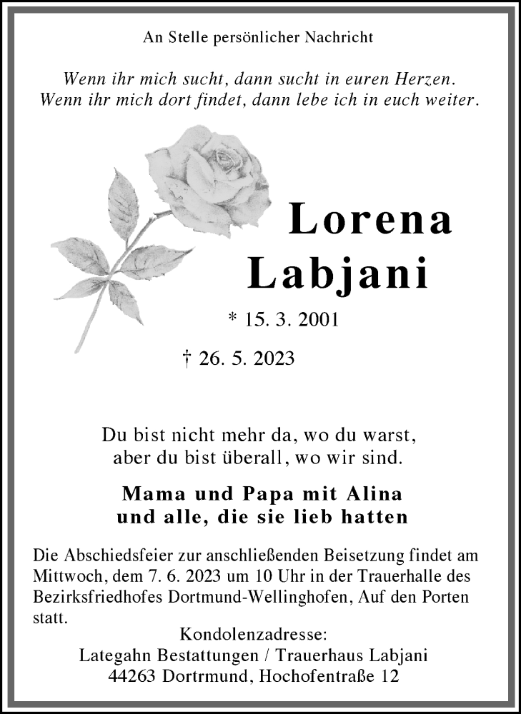  Traueranzeige für Lorena Labjani vom 03.06.2023 aus 