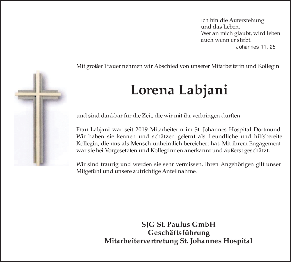  Traueranzeige für Lorena Labjani vom 03.06.2023 aus 