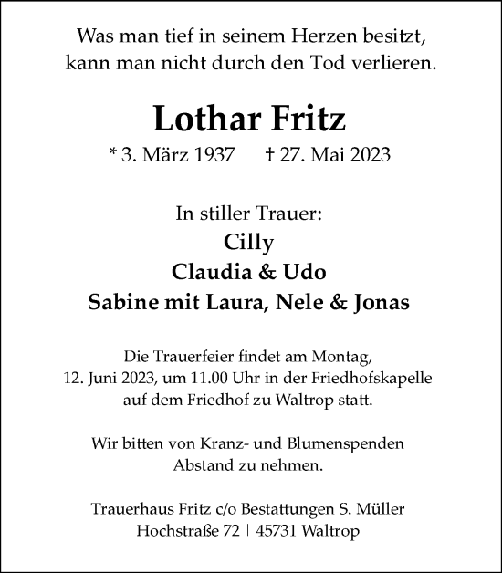 Traueranzeige von Lothar Fritz von Ruhr Nachrichten