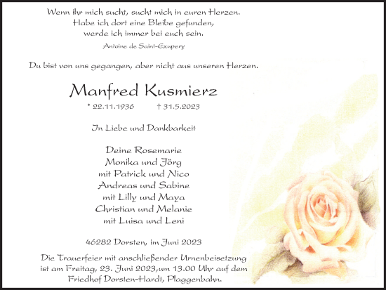 Traueranzeige von Manfred Kusmierz von Ruhr Nachrichten und Dorstener Zeitung