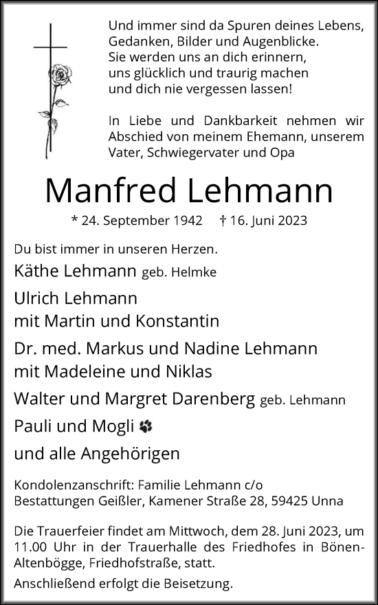 Traueranzeige von Manfred Lehmann von Hellweger Anzeiger
