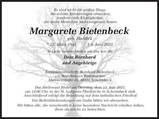 Traueranzeige von Margarete Bietenbeck von Ruhr Nachrichten und Dorstener Zeitung