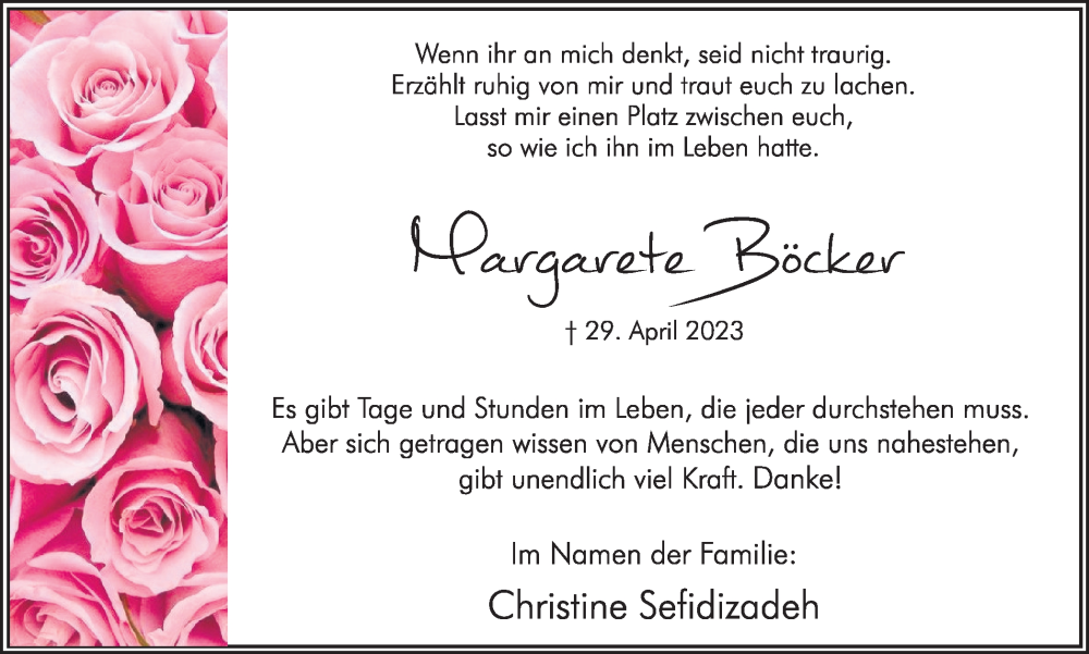  Traueranzeige für Margarete Böcker vom 03.06.2023 aus Hellweger Anzeiger