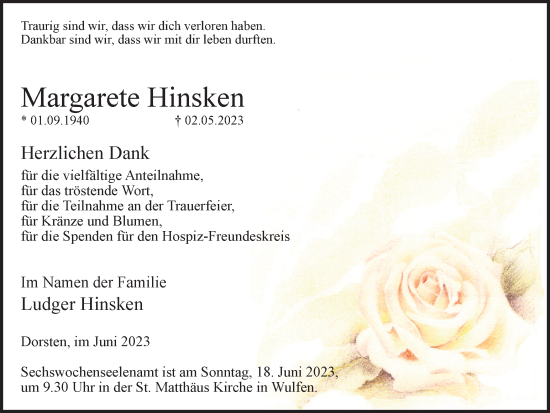 Traueranzeige von Margarete Hinsken von Ruhr Nachrichten und Dorstener Zeitung