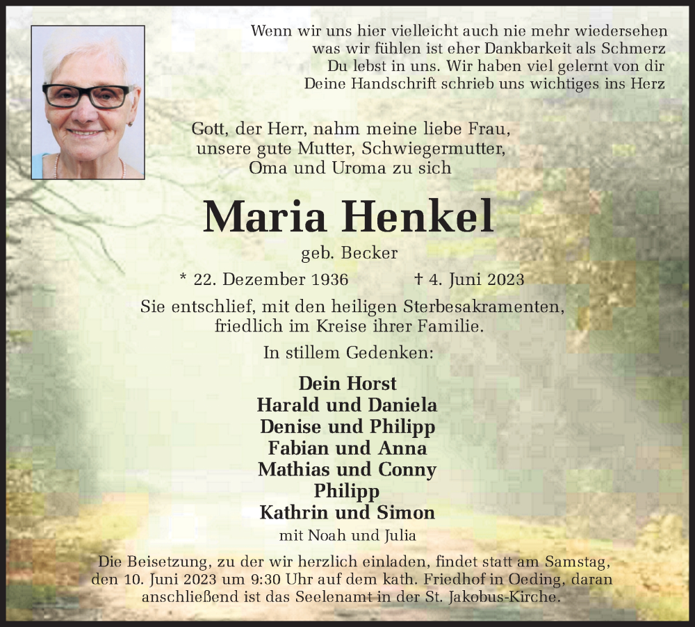  Traueranzeige für Maria Henkel vom 07.06.2023 aus Münstersche Zeitung und Münsterland Zeitung