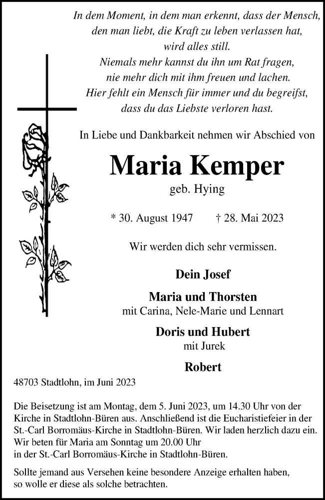  Traueranzeige für Maria Kemper vom 02.06.2023 aus Münstersche Zeitung und Münsterland Zeitung