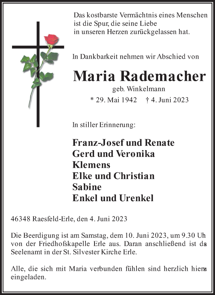  Traueranzeige für Maria Rademacher vom 08.06.2023 aus Ruhr Nachrichten und Dorstener Zeitung