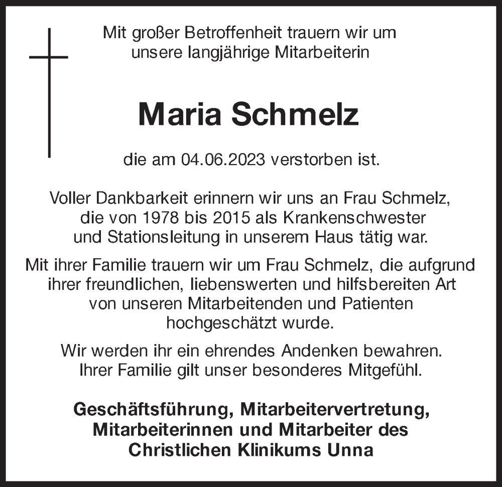  Traueranzeige für Maria Schmelz vom 10.06.2023 aus Hellweger Anzeiger