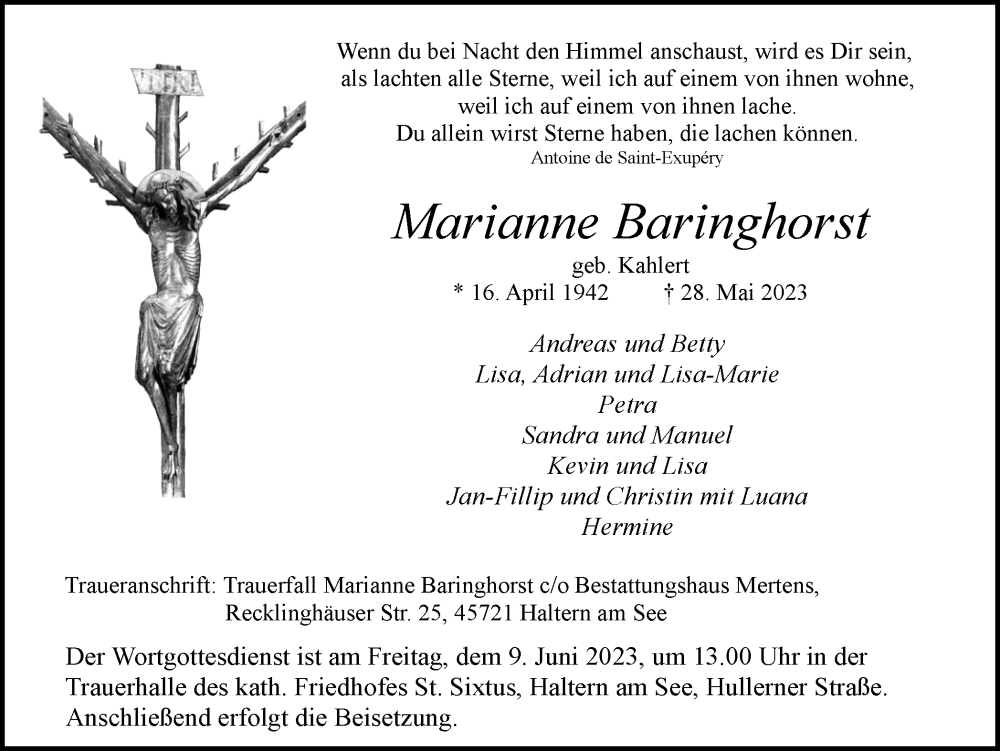  Traueranzeige für Marianne Baringhorst vom 01.06.2023 aus Ruhr Nachrichten und Halterner Zeitung