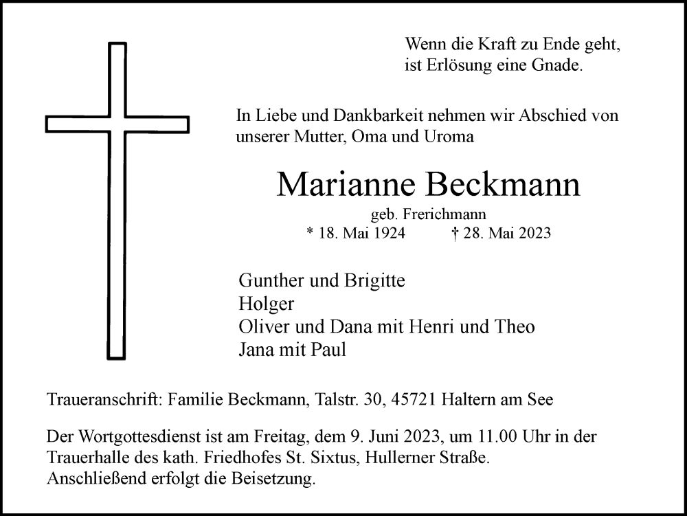  Traueranzeige für Marianne Beckmann vom 03.06.2023 aus Ruhr Nachrichten und Halterner Zeitung