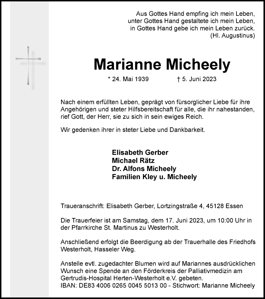  Traueranzeige für Marianne Micheely vom 14.06.2023 aus Medienhaus Bauer