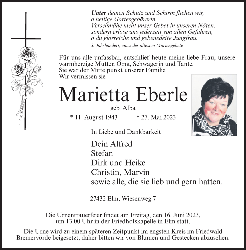  Traueranzeige für Marietta Eberle vom 03.06.2023 aus Medienhaus Bauer