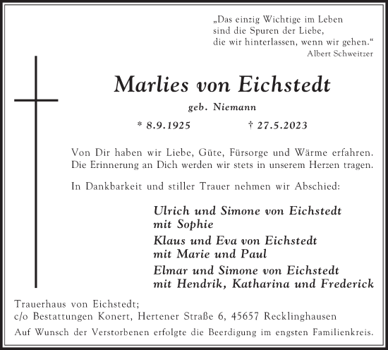Traueranzeige von Marlies von Eichstedt von Medienhaus Bauer