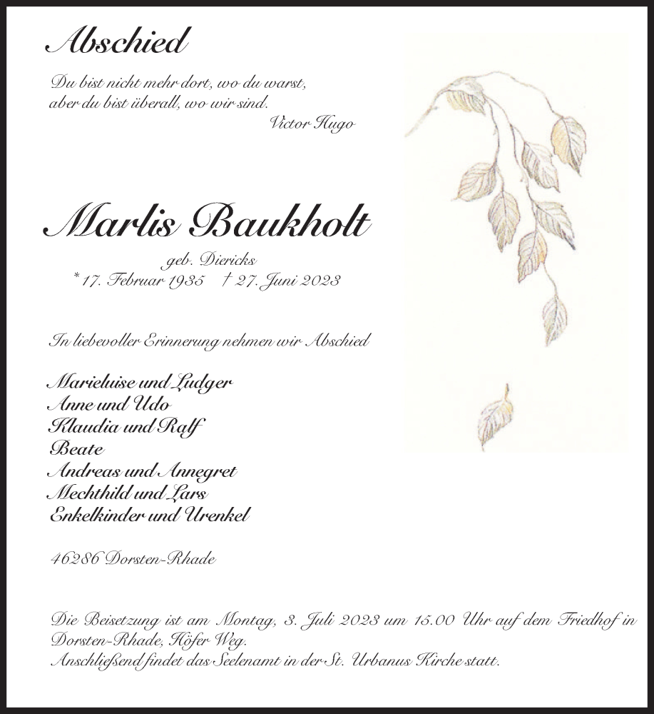  Traueranzeige für Marlis Baukholt vom 30.06.2023 aus Ruhr Nachrichten und Dorstener Zeitung