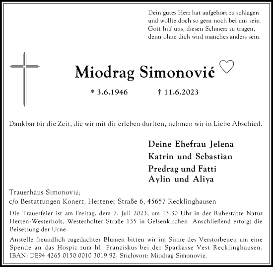 Traueranzeige von Miodrag Simonovic von Medienhaus Bauer