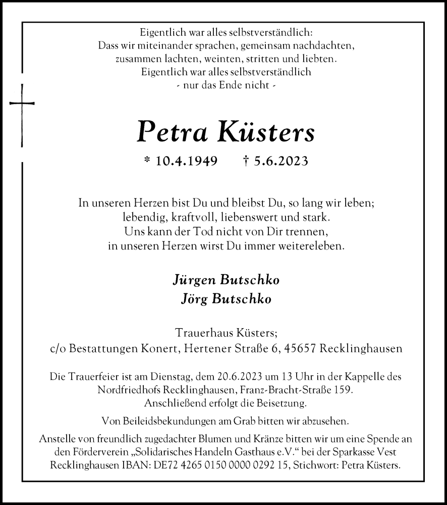 Traueranzeige für Petra Küsters vom 17.06.2023 aus Medienhaus Bauer