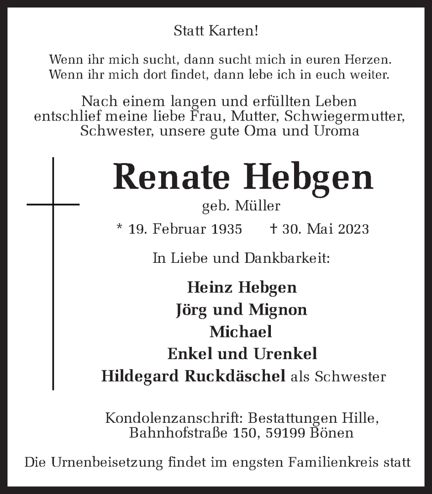  Traueranzeige für Renate Hebgen vom 03.06.2023 aus Hellweger Anzeiger