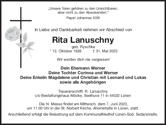 Traueranzeige von Rita Lanuschny von Ruhr Nachrichten