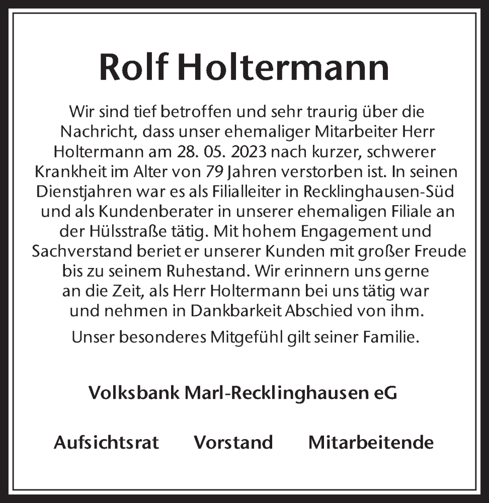  Traueranzeige für Rolf Holtermann vom 12.06.2023 aus Medienhaus Bauer