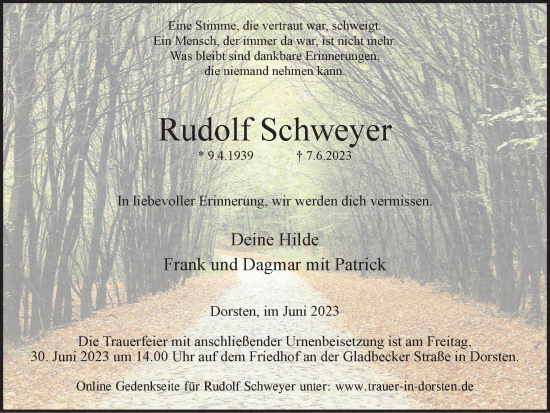 Traueranzeige von Rudolf Schweyer von Ruhr Nachrichten und Dorstener Zeitung