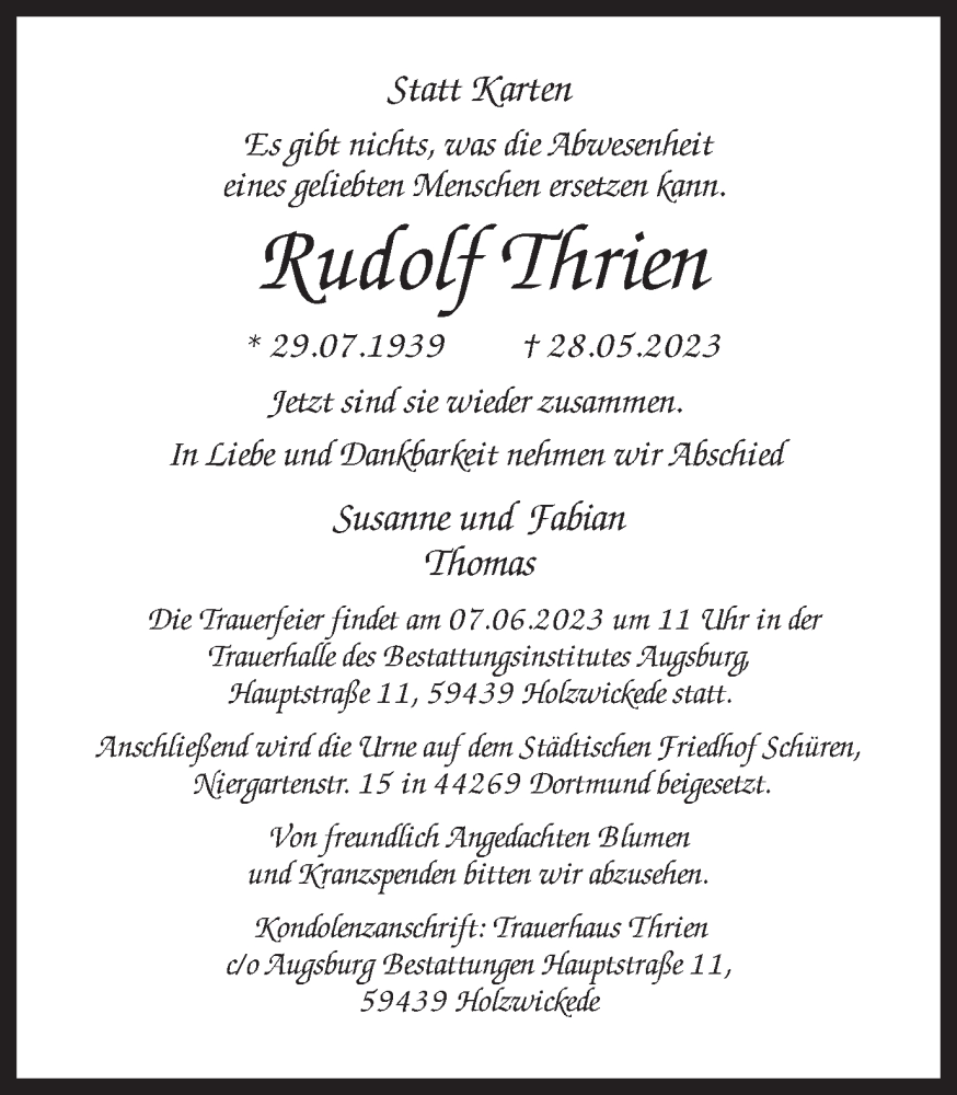  Traueranzeige für Rudolf Thrien vom 03.06.2023 aus 