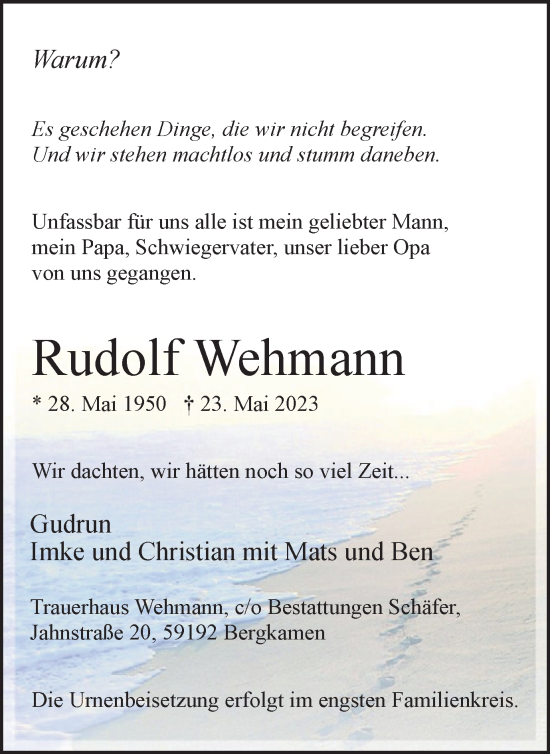 Traueranzeige von Rudolf Wehmann von Hellweger Anzeiger