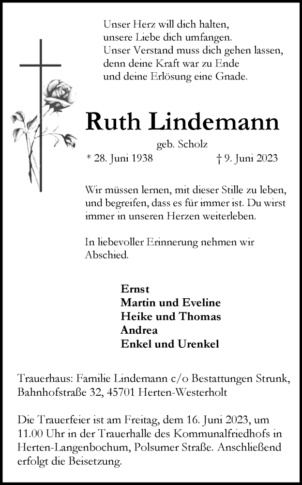  Traueranzeige für Ruth Lindemann vom 14.06.2023 aus Medienhaus Bauer