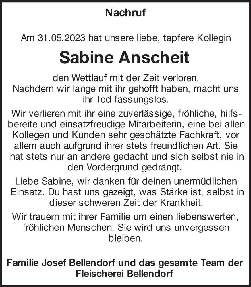  Traueranzeige für Sabine Anscheit vom 03.06.2023 aus Ruhr Nachrichten und Dorstener Zeitung