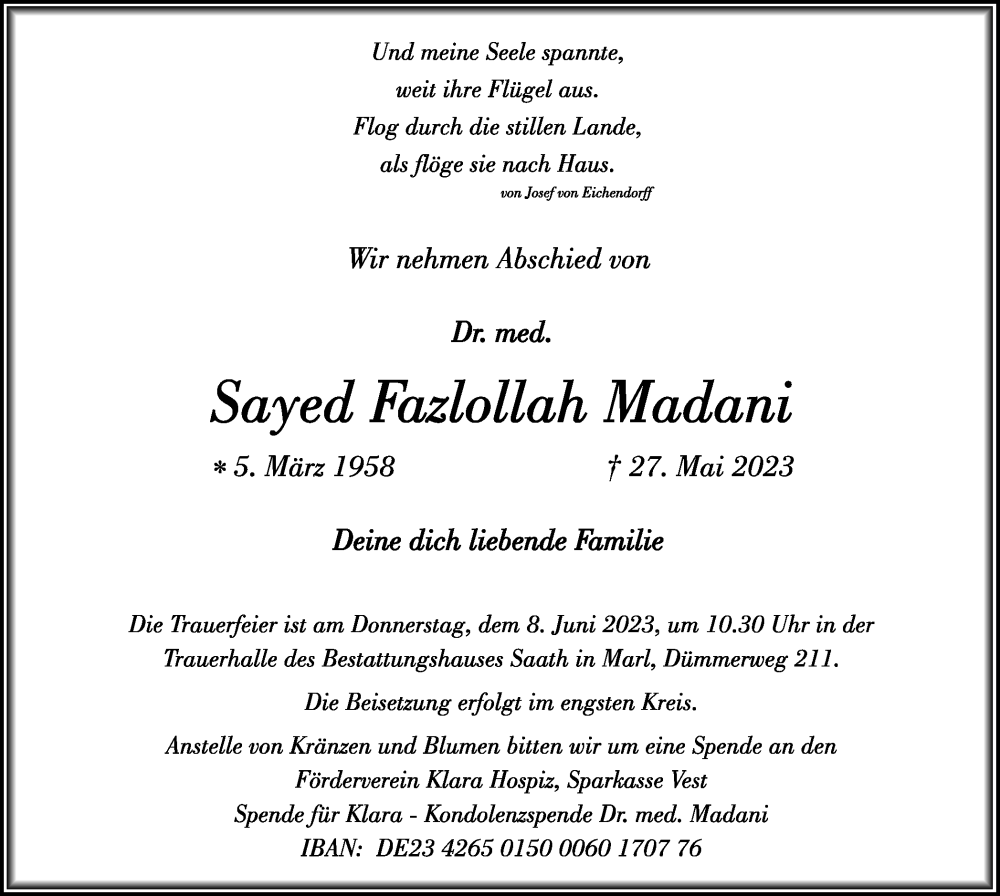  Traueranzeige für Sayed Fazlollah Madani vom 03.06.2023 aus Medienhaus Bauer