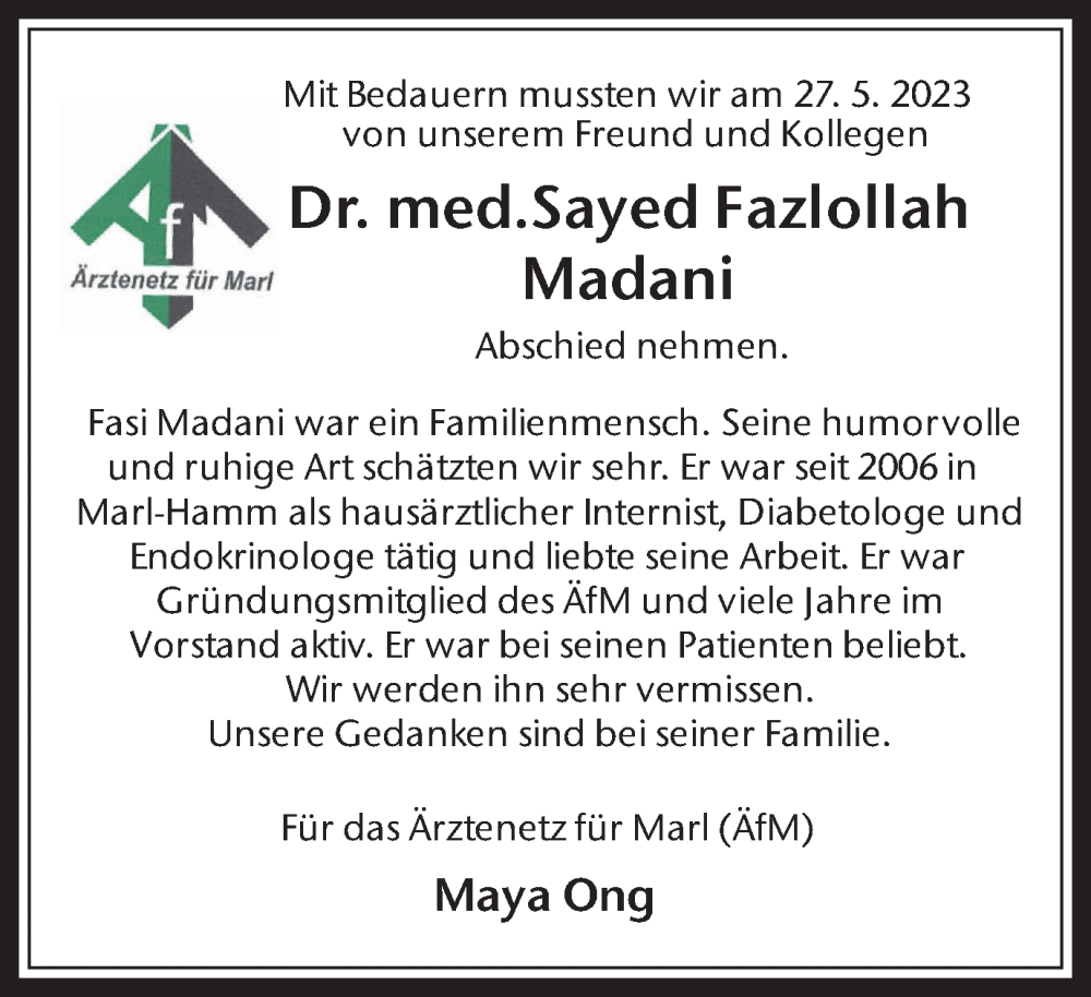  Traueranzeige für Sayed Fazlollah Madani vom 03.06.2023 aus Medienhaus Bauer