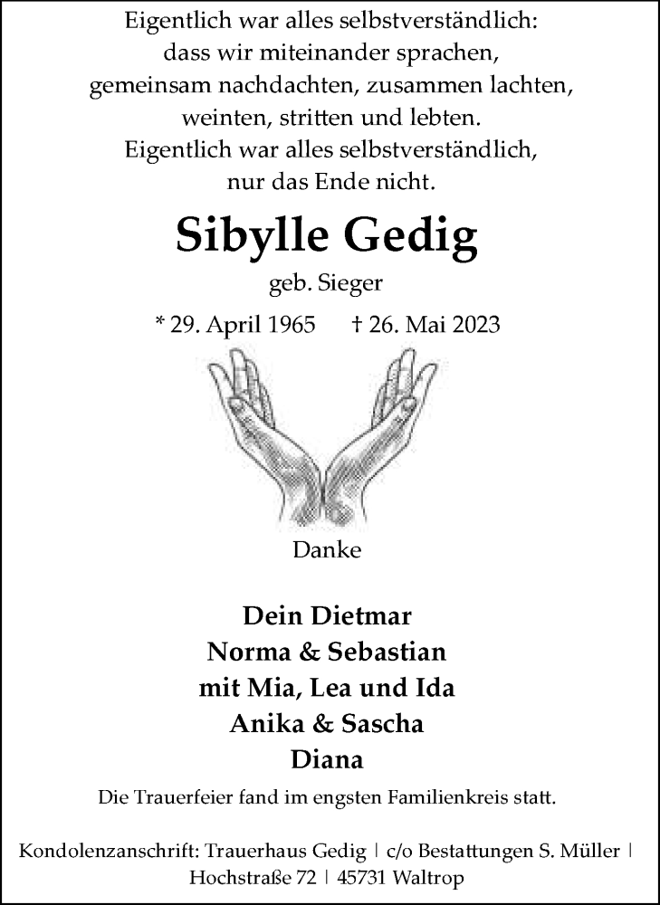  Traueranzeige für Sibylle Gedig vom 03.06.2023 aus Ruhr Nachrichten