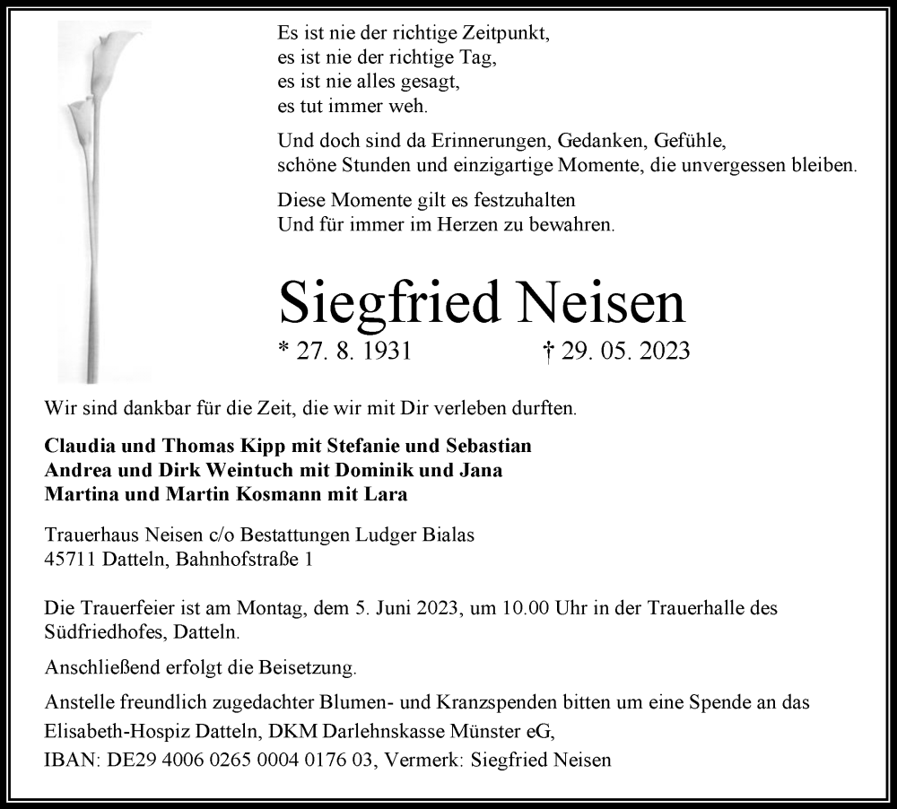 Traueranzeige für Siegfried Neisen vom 01.06.2023 aus Medienhaus Bauer
