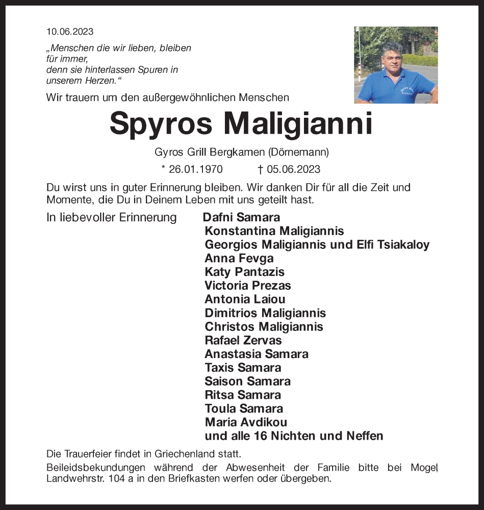  Traueranzeige für Spyros Maligianni vom 10.06.2023 aus Hellweger Anzeiger