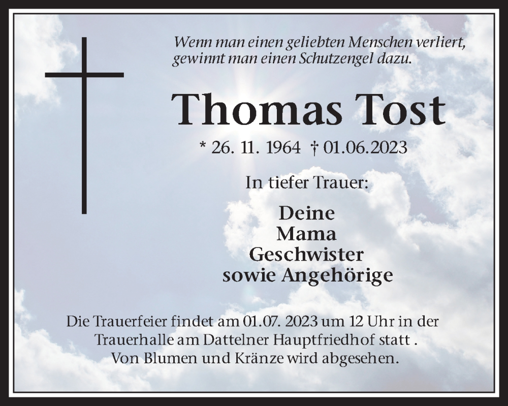  Traueranzeige für Thomas Tost vom 17.06.2023 aus Medienhaus Bauer