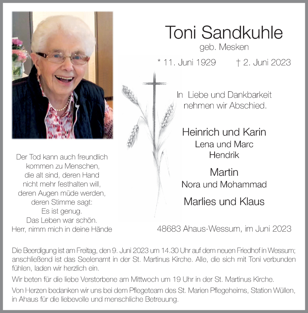  Traueranzeige für Toni Sandkuhle vom 05.06.2023 aus Münstersche Zeitung und Münsterland Zeitung