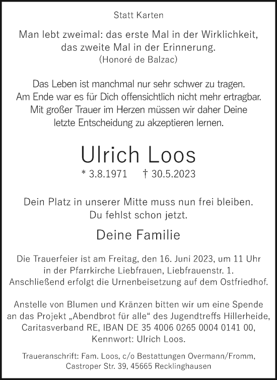 Traueranzeige von Ulrich Loos von Medienhaus Bauer