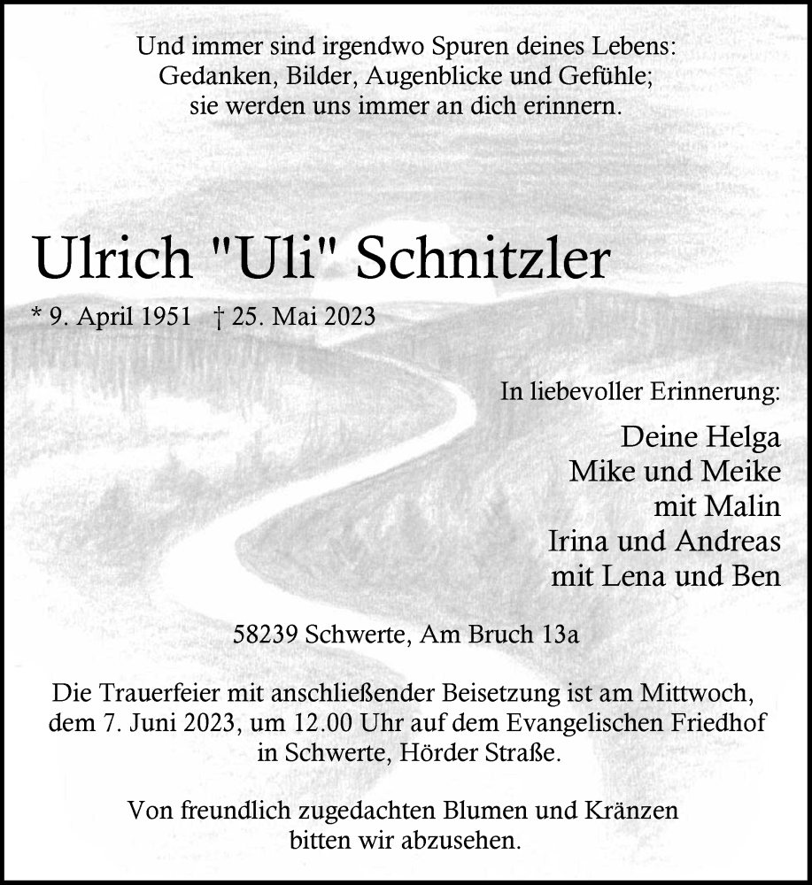  Traueranzeige für Ulrich Schnitzler vom 03.06.2023 aus Ruhr Nachrichten