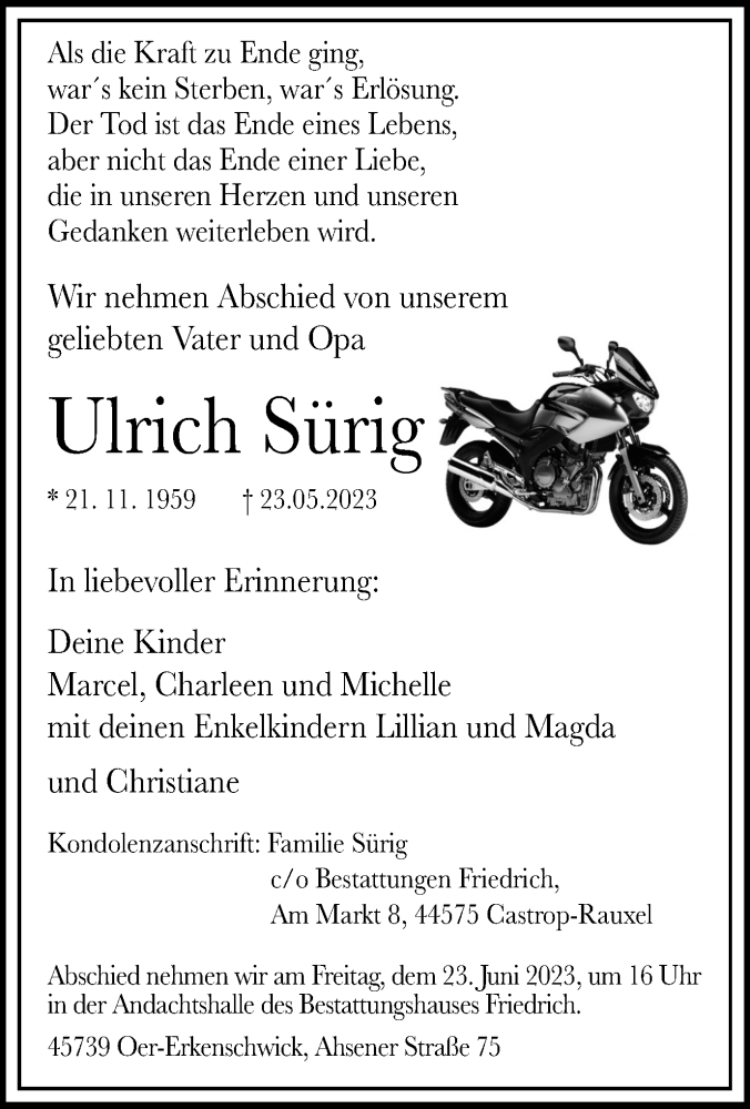  Traueranzeige für Ulrich Sürig vom 03.06.2023 aus Medienhaus Bauer