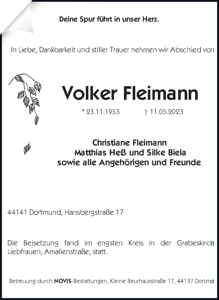  Traueranzeige für Volker Fleimann vom 17.06.2023 aus 
