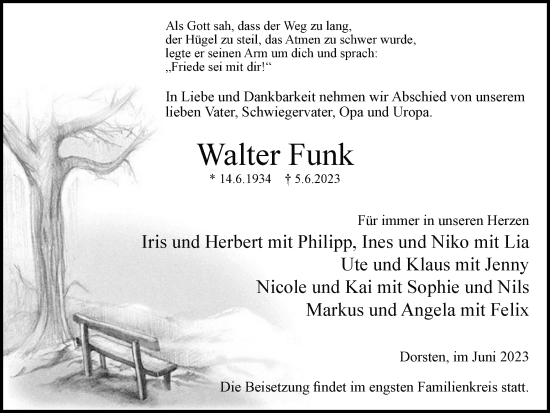 Traueranzeige von Walter Funk von Ruhr Nachrichten und Dorstener Zeitung