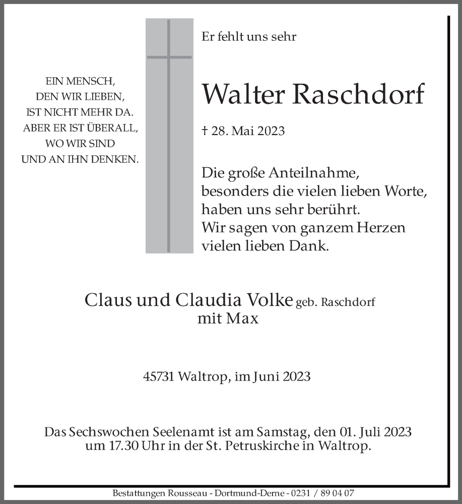  Traueranzeige für Walter Raschdorf vom 24.06.2023 aus Medienhaus Bauer