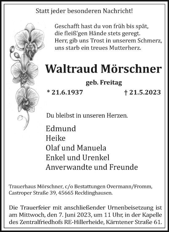 Traueranzeige von Waltraud Mörschner von Medienhaus Bauer