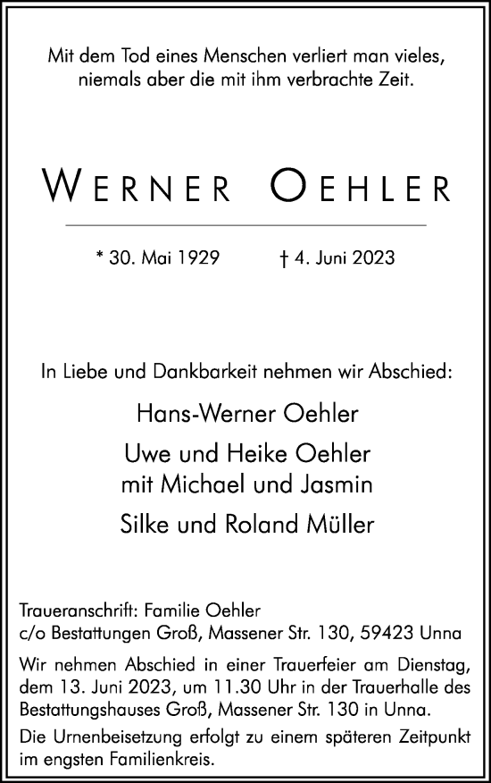 Traueranzeige von Werner Oehler von Hellweger Anzeiger