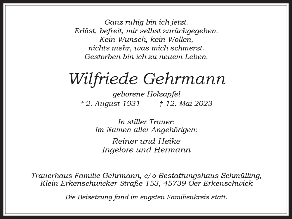  Traueranzeige für Wilfriede Gehrmann vom 03.06.2023 aus Medienhaus Bauer