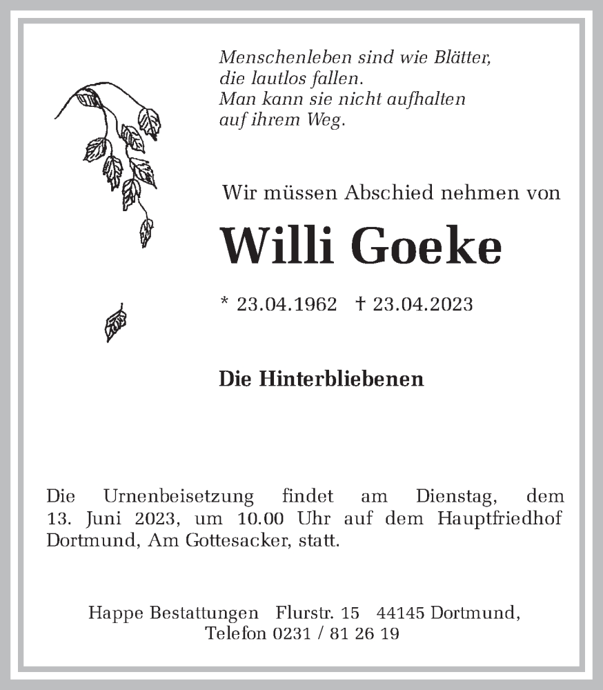  Traueranzeige für Willi Goeke vom 10.06.2023 aus 