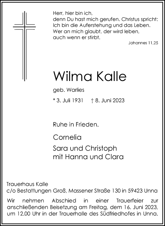 Traueranzeige von Wilma Kalle von Hellweger Anzeiger