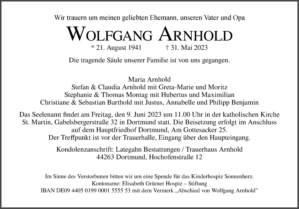  Traueranzeige für Wolfgang Arnold vom 03.06.2023 aus 