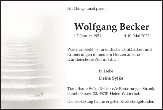 Traueranzeige von Wolfgang Becker von Medienhaus Bauer