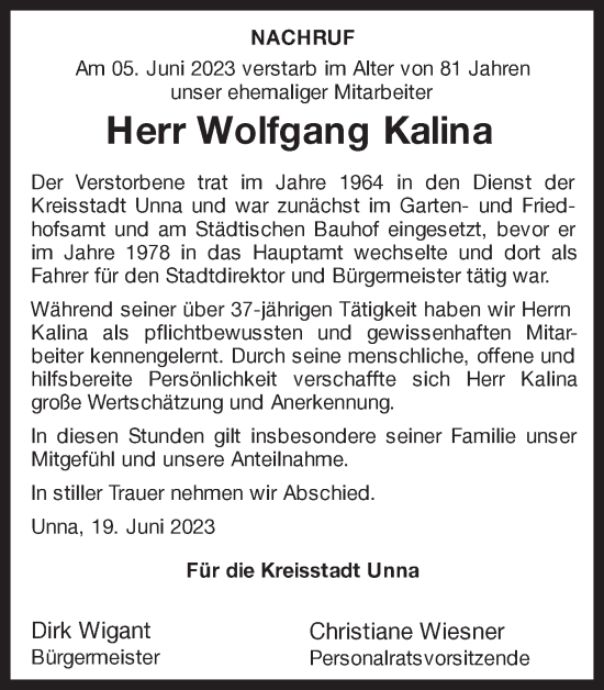 Traueranzeige von Wolfgang Kalina von Hellweger Anzeiger