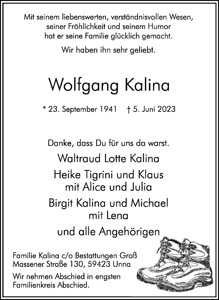  Traueranzeige für Wolfgang Kalina vom 17.06.2023 aus Hellweger Anzeiger